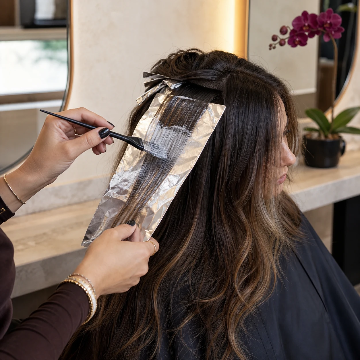 Proses hair color dan balayage oleh stylist profesional
