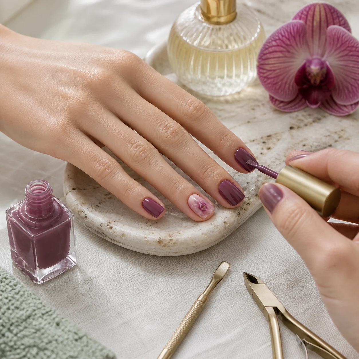 Manicure dengan warna plum dan aksen bunga anggrek